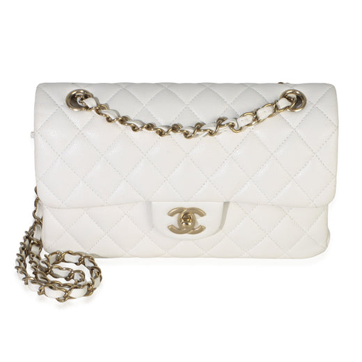 Chanel White Quilted Caviar Small Classic Double Flap Handbag Leather