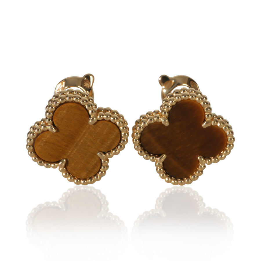 Van Cleef & Arpels Yellow Gold Tigers Eye Vintage Alhambra Earrings 18k