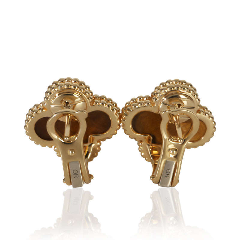 Van Cleef & Arpels Yellow Gold Tigers Eye Vintage Alhambra Earrings 18k