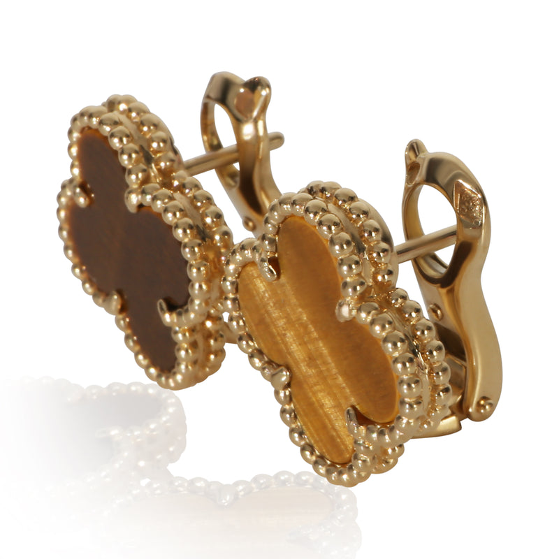 Van Cleef & Arpels Yellow Gold Tigers Eye Vintage Alhambra Earrings 18k