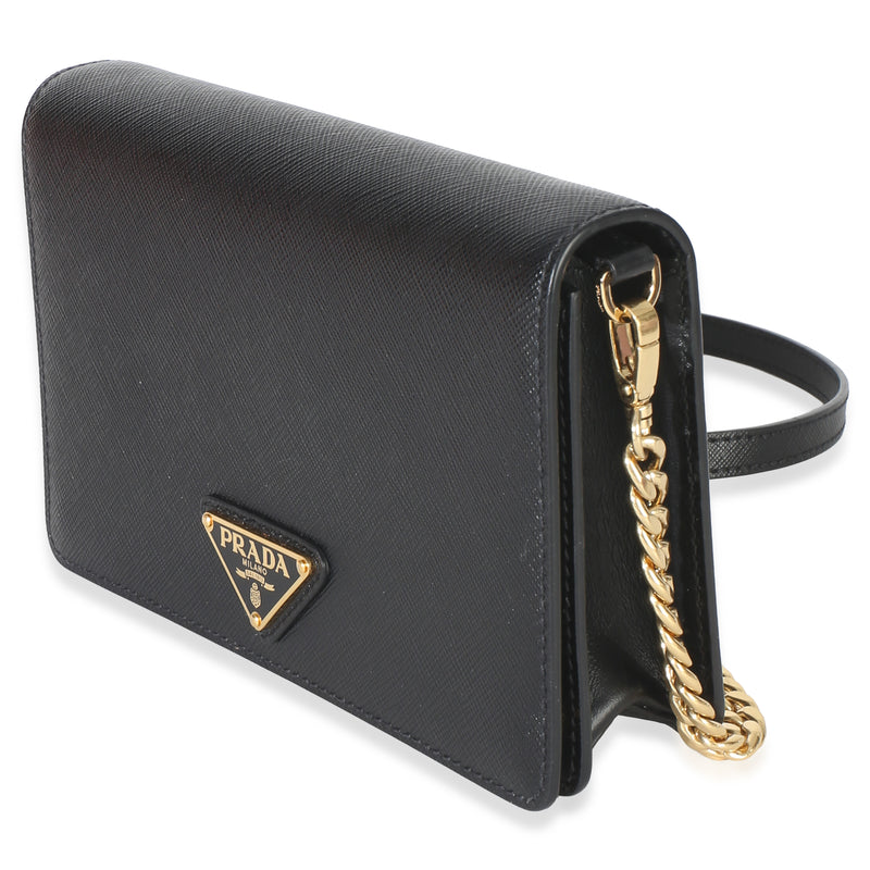 Prada Black Saffiano Triangle Logo Chain Flap Bag Leather Handbag