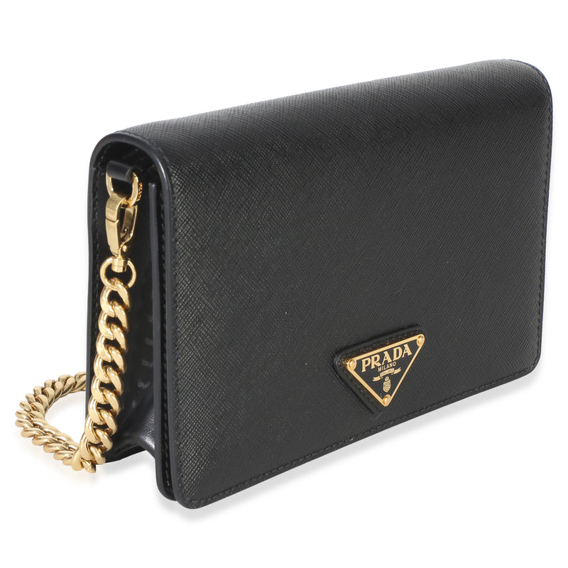 Prada Black Saffiano Triangle Logo Chain Flap Bag Leather Handbag