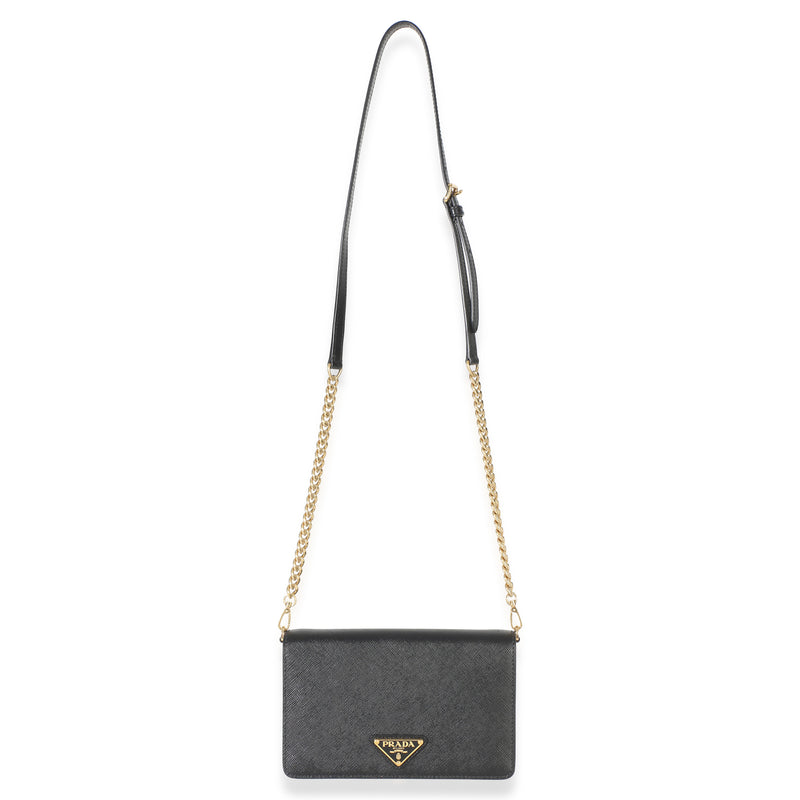 Prada Black Saffiano Triangle Logo Chain Flap Bag Leather Handbag