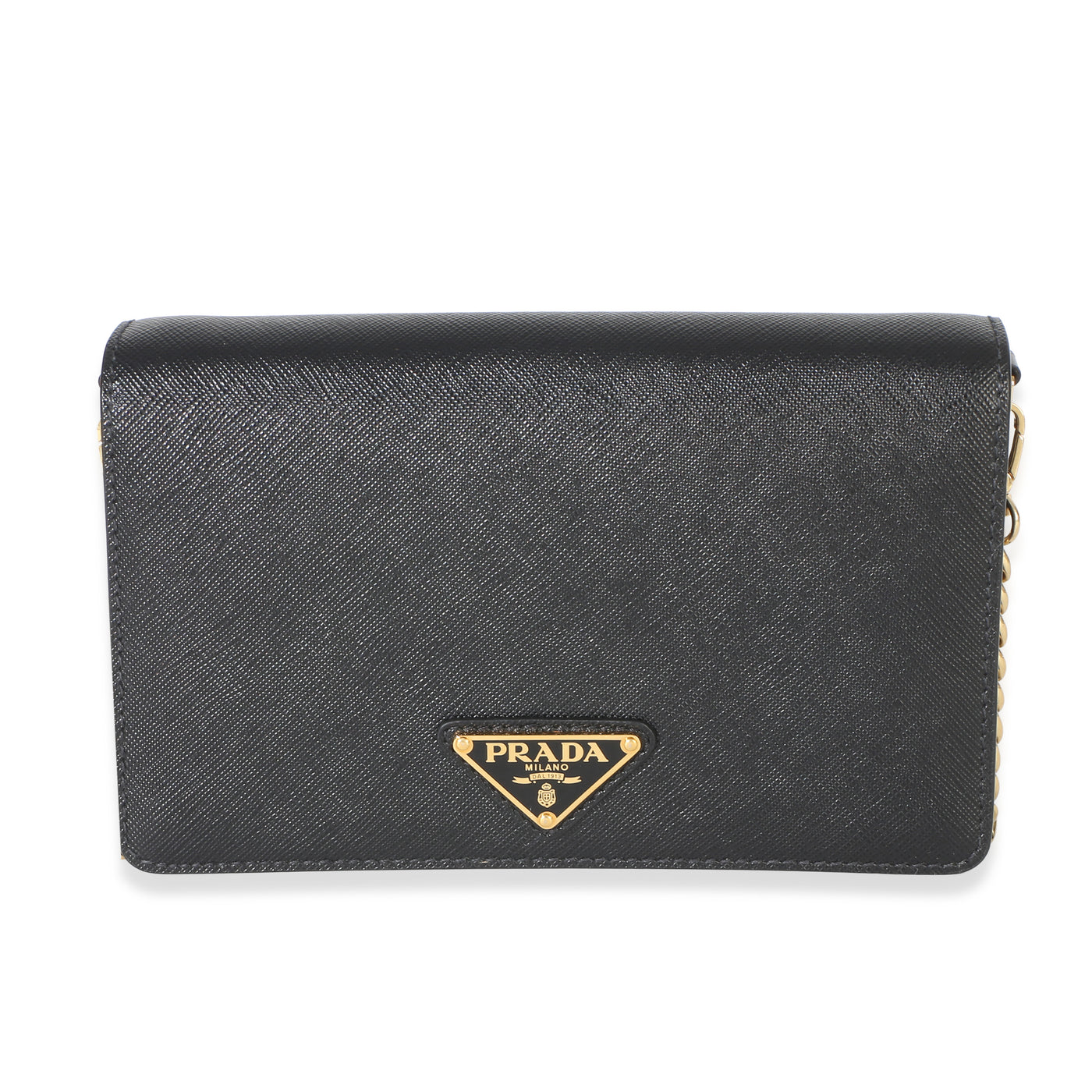 Prada Black Saffiano Triangle Logo Chain Flap Bag Leather Handbag