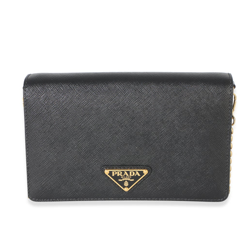 Prada Black Saffiano Triangle Logo Chain Flap Bag Leather Handbag