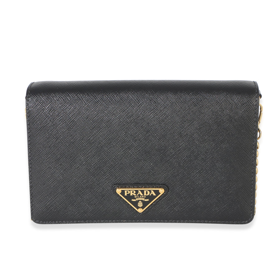 Prada Black Saffiano Triangle Logo Chain Flap Bag Leather Handbag