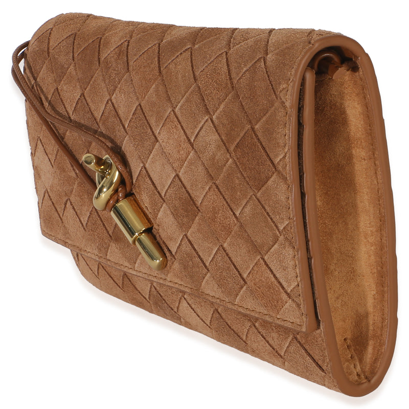 Bottega Veneta Tan Intrecciato Suede Small Andiamo Pouch Brown Leather Handbag