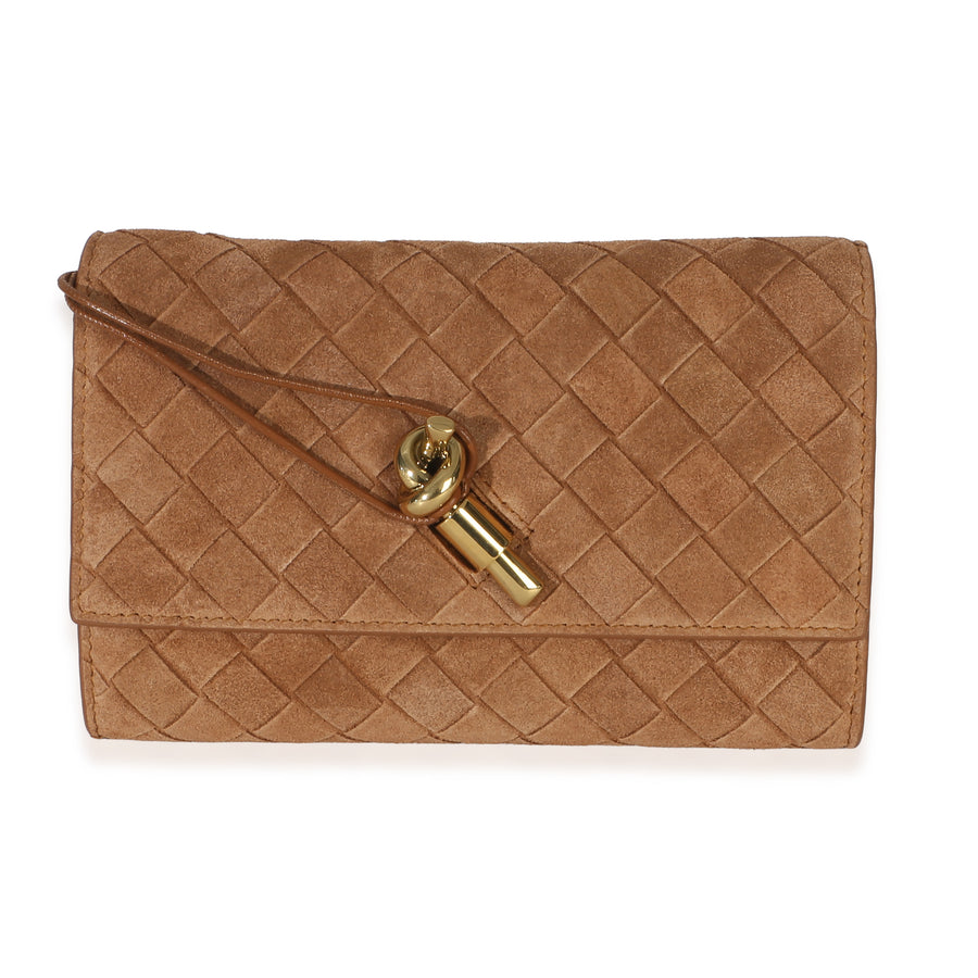 Bottega Veneta Tan Intrecciato Suede Small Andiamo Pouch Brown Leather Handbag