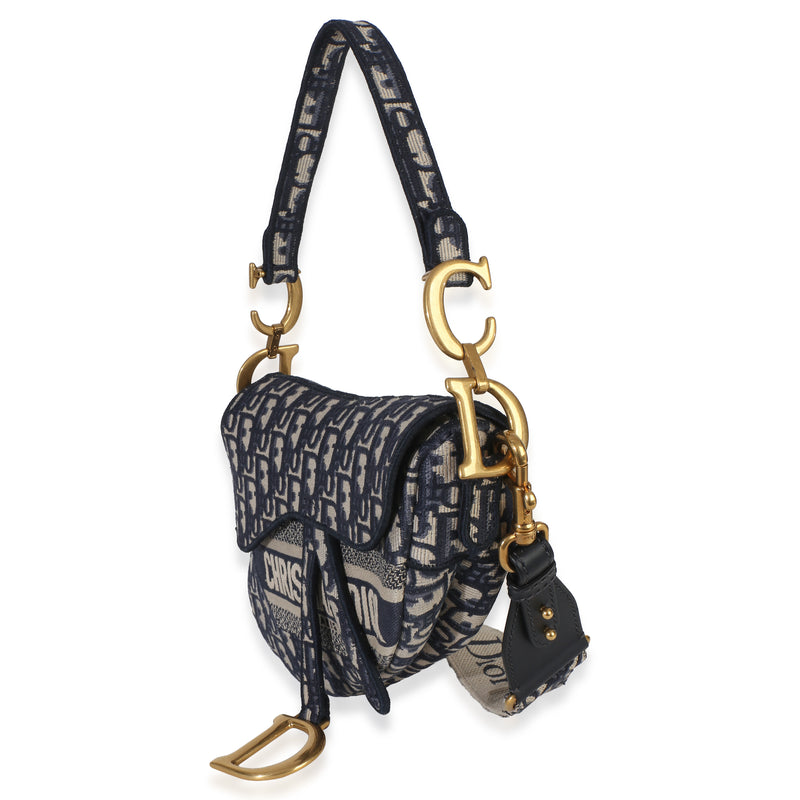 Christian Dior Blue Oblique Embroidered Medium Saddle Bag Beige; Canvas Handbag