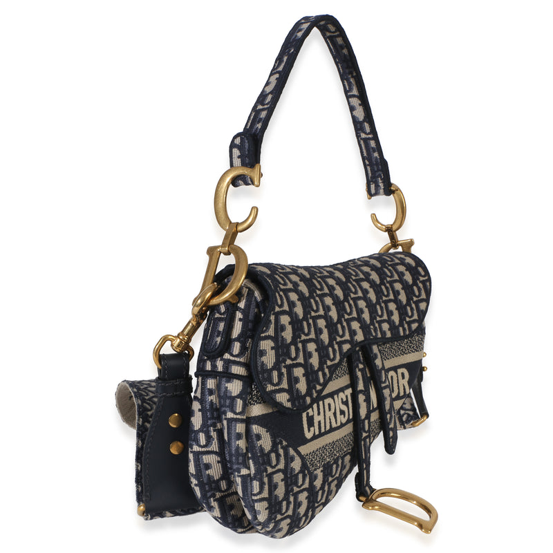 Christian Dior Blue Oblique Embroidered Medium Saddle Bag Beige; Canvas Handbag