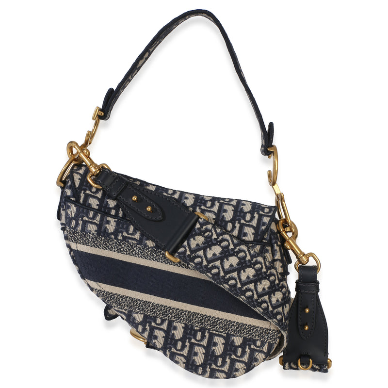 Christian Dior Blue Oblique Embroidered Medium Saddle Bag Beige; Canvas Handbag