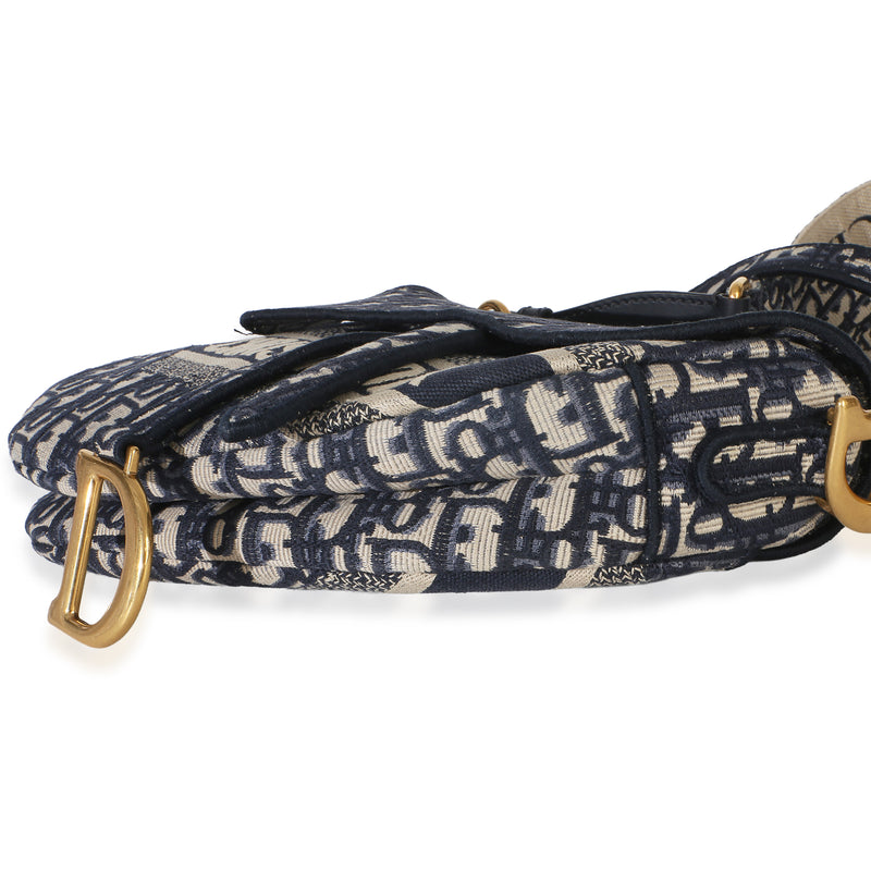 Christian Dior Blue Oblique Embroidered Medium Saddle Bag Beige; Canvas Handbag