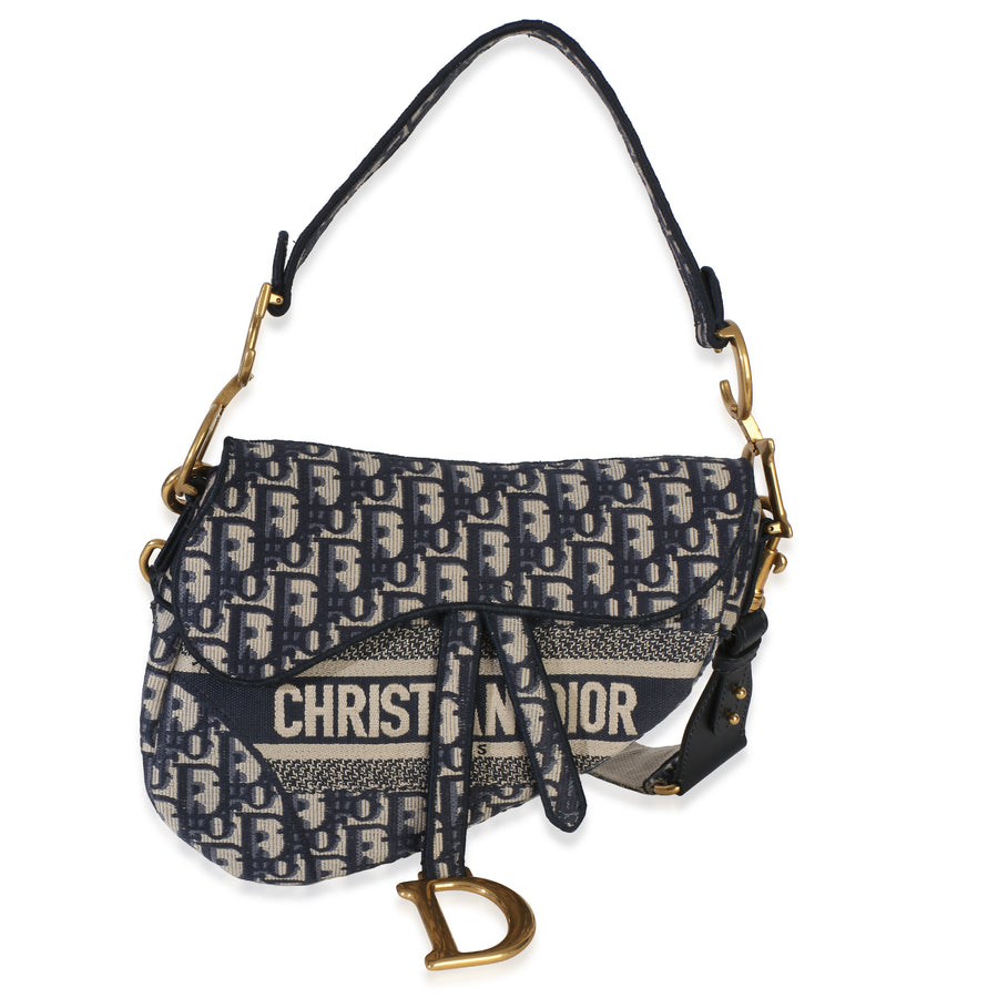 Christian Dior Blue Oblique Embroidered Medium Saddle Bag Beige; Canvas Handbag