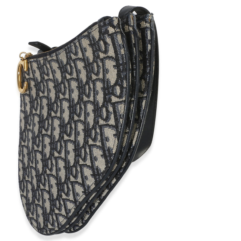 Christian Dior Navy Oblique Canvas Triple Saddle Pouch Blue Fabric Handbag