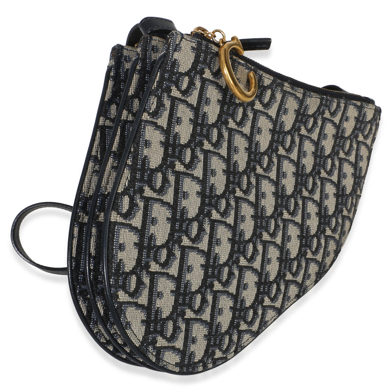 Christian Dior Navy Oblique Canvas Triple Saddle Pouch Blue Fabric Handbag
