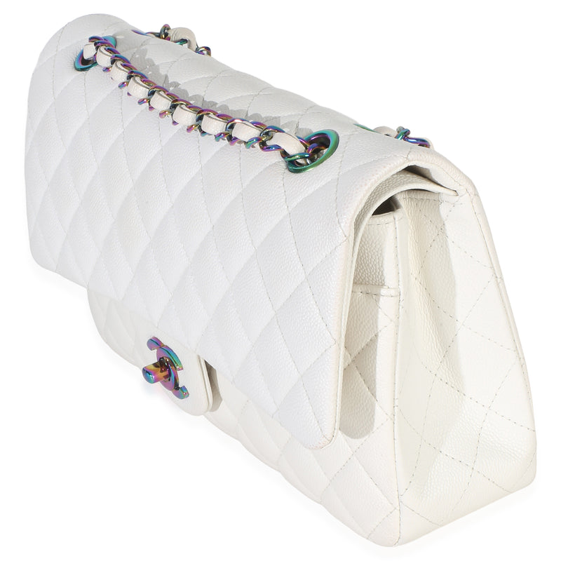 Chanel White Quilted Caviar Rainbow Medium Classic Double Flap Handbag Leather