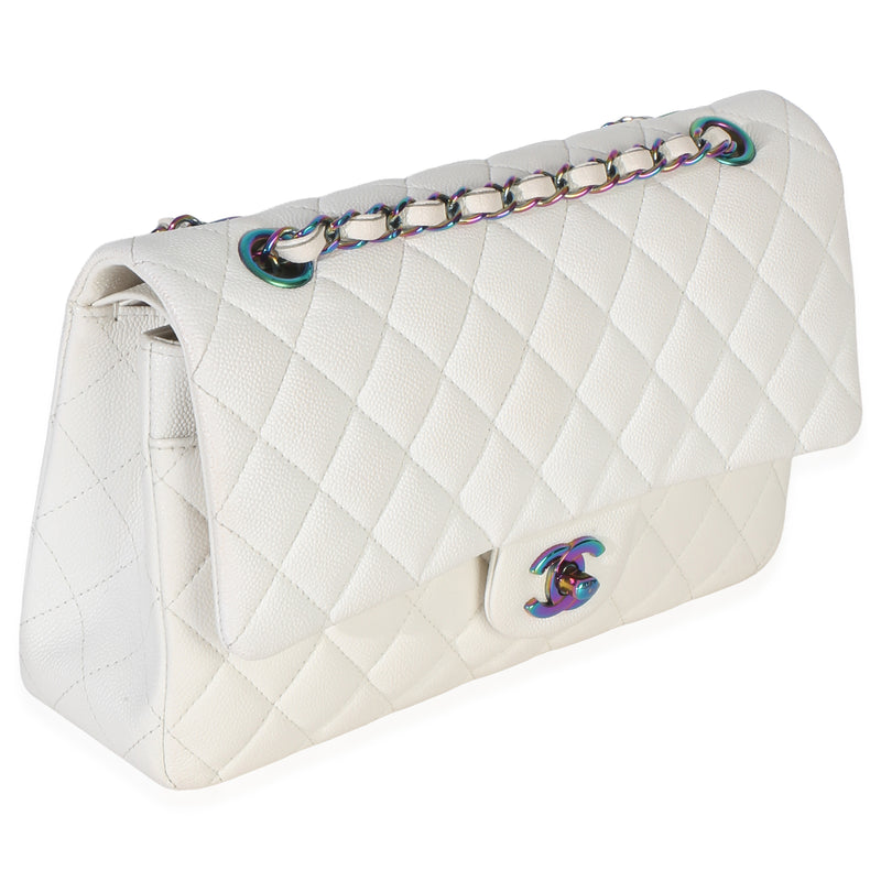 Chanel White Quilted Caviar Rainbow Medium Classic Double Flap Handbag Leather