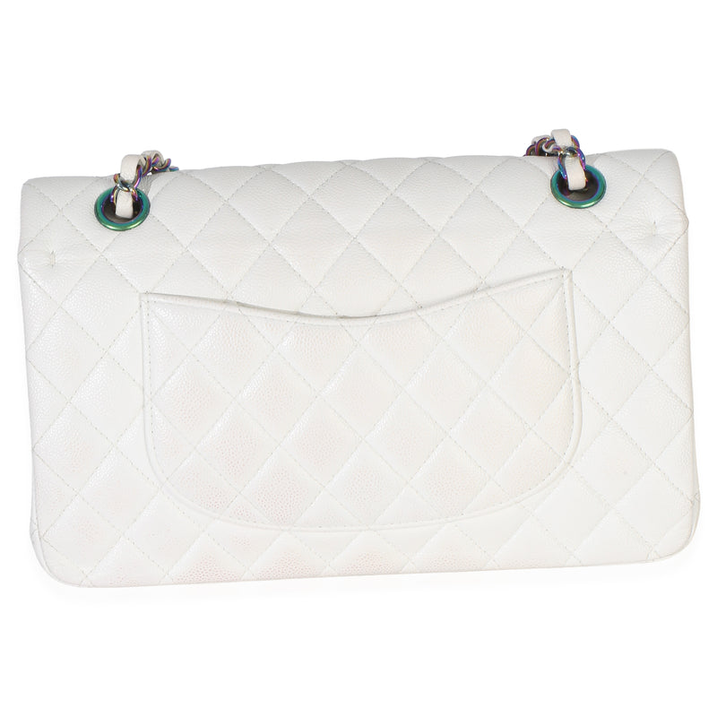 Chanel White Quilted Caviar Rainbow Medium Classic Double Flap Handbag Leather