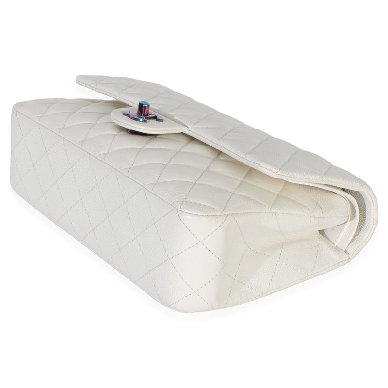 Chanel White Quilted Caviar Rainbow Medium Classic Double Flap Handbag Leather