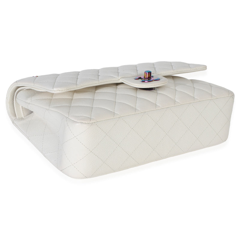Chanel White Quilted Caviar Rainbow Medium Classic Double Flap Handbag Leather
