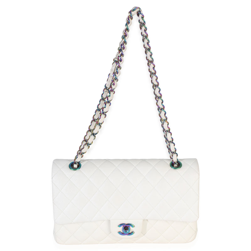 Chanel White Quilted Caviar Rainbow Medium Classic Double Flap Handbag Leather