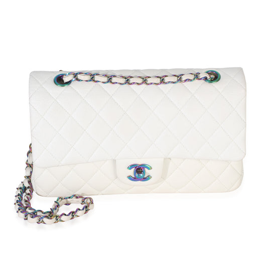 Chanel White Quilted Caviar Rainbow Medium Classic Double Flap Handbag Leather