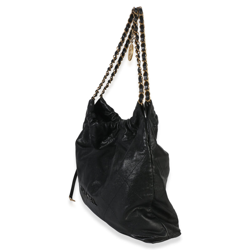 Chanel So Black Quilted Caviar 22 Hobo Handbag Leather