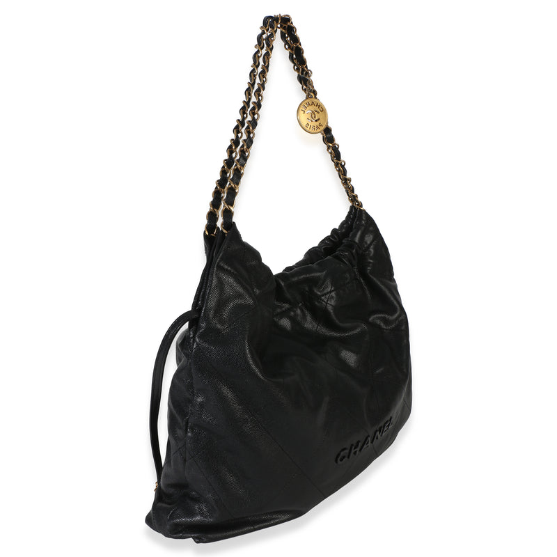 Chanel So Black Quilted Caviar 22 Hobo Handbag Leather