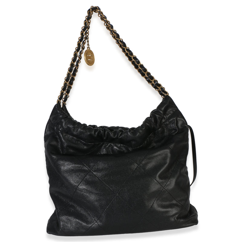 Chanel So Black Quilted Caviar 22 Hobo Handbag Leather