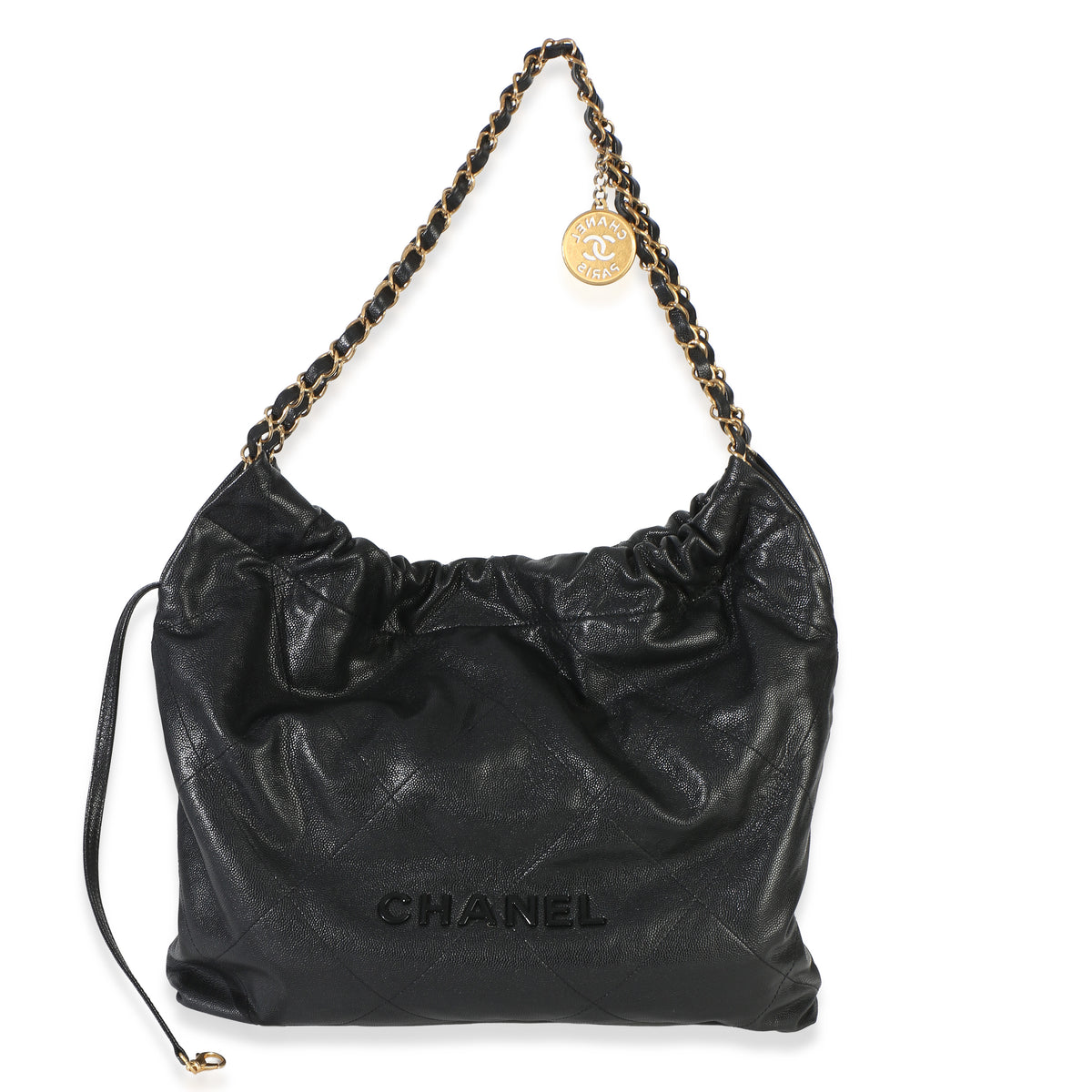 Chanel So Black Quilted Caviar 22 Hobo Handbag Leather