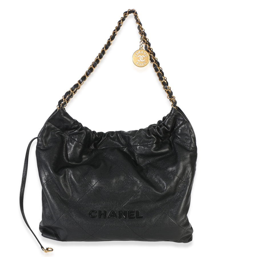 Chanel So Black Quilted Caviar 22 Hobo Handbag Leather