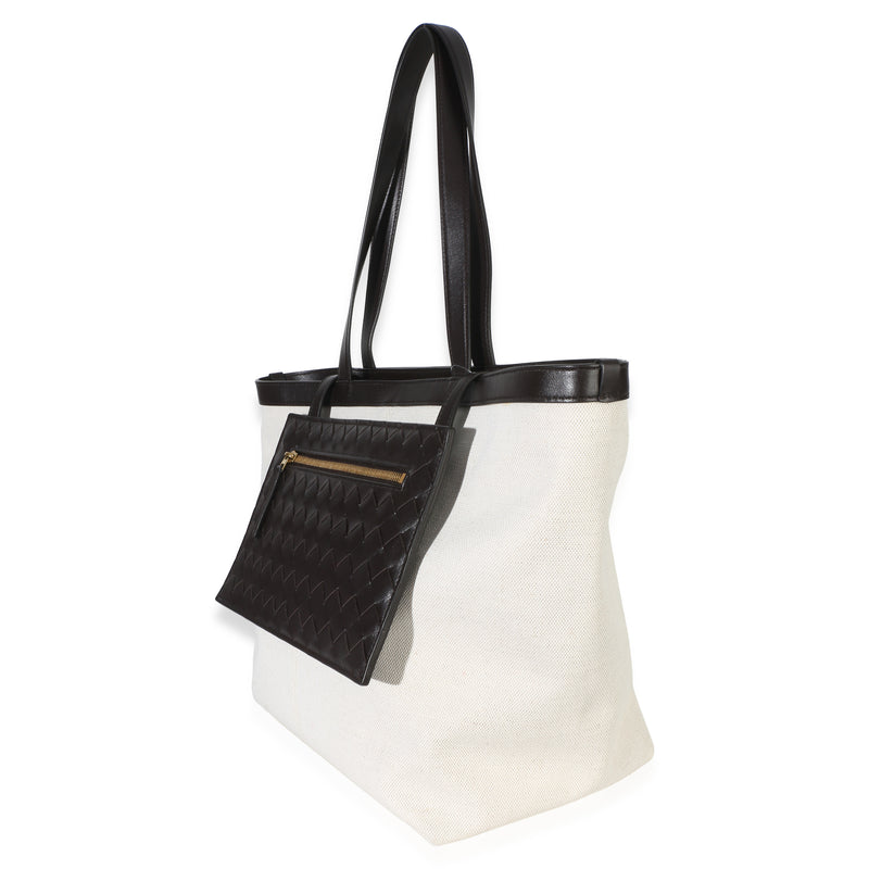 Bottega Veneta Beige Brown Canvas Mix Nappa Intrecciato Medium Flip Flap Tote Beige; Neutral Handbag