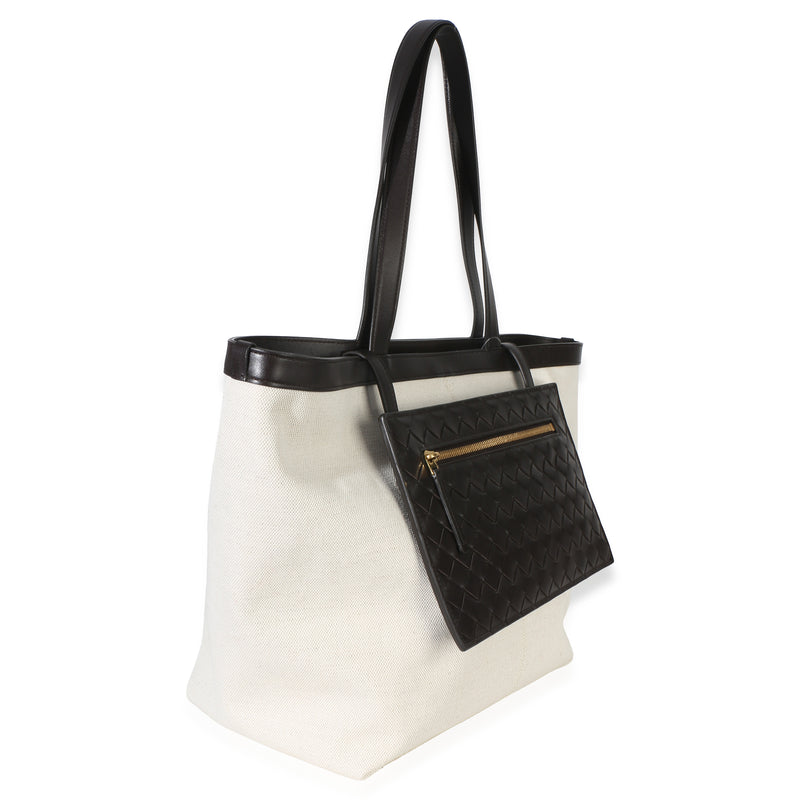 Bottega Veneta Beige Brown Canvas Mix Nappa Intrecciato Medium Flip Flap Tote Beige; Neutral Handbag