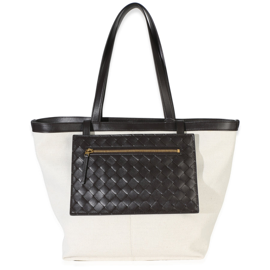 Bottega Veneta Beige Brown Canvas Mix Nappa Intrecciato Medium Flip Flap Tote Beige; Neutral Handbag