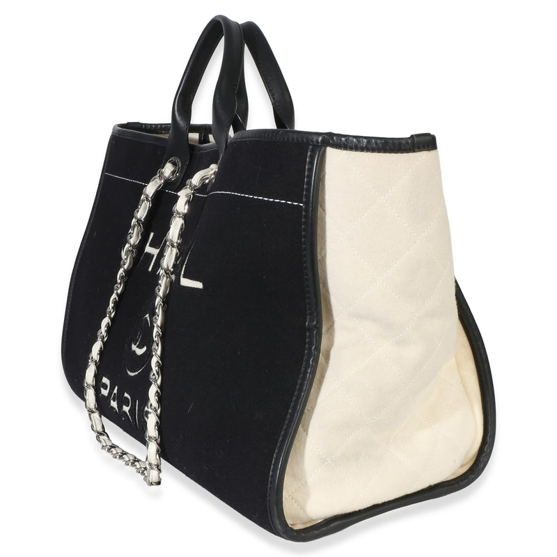Chanel Black White Wool Calfskin Felt Large Deauville Tote Fabric Handbag