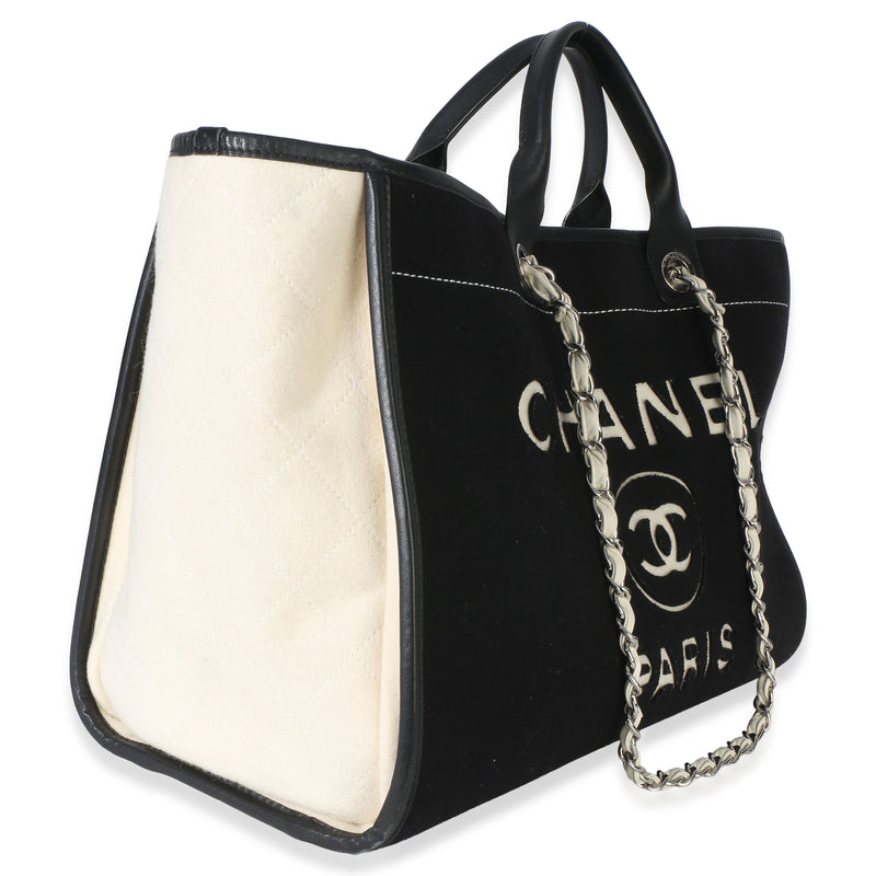 Chanel Black White Wool Calfskin Felt Large Deauville Tote Fabric Handbag