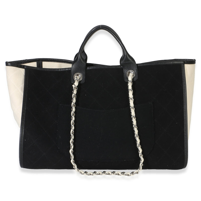Chanel Black White Wool Calfskin Felt Large Deauville Tote Fabric Handbag