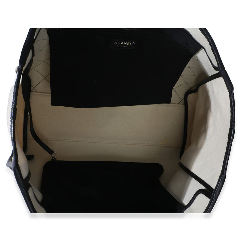 Chanel Black White Wool Calfskin Felt Large Deauville Tote Fabric Handbag