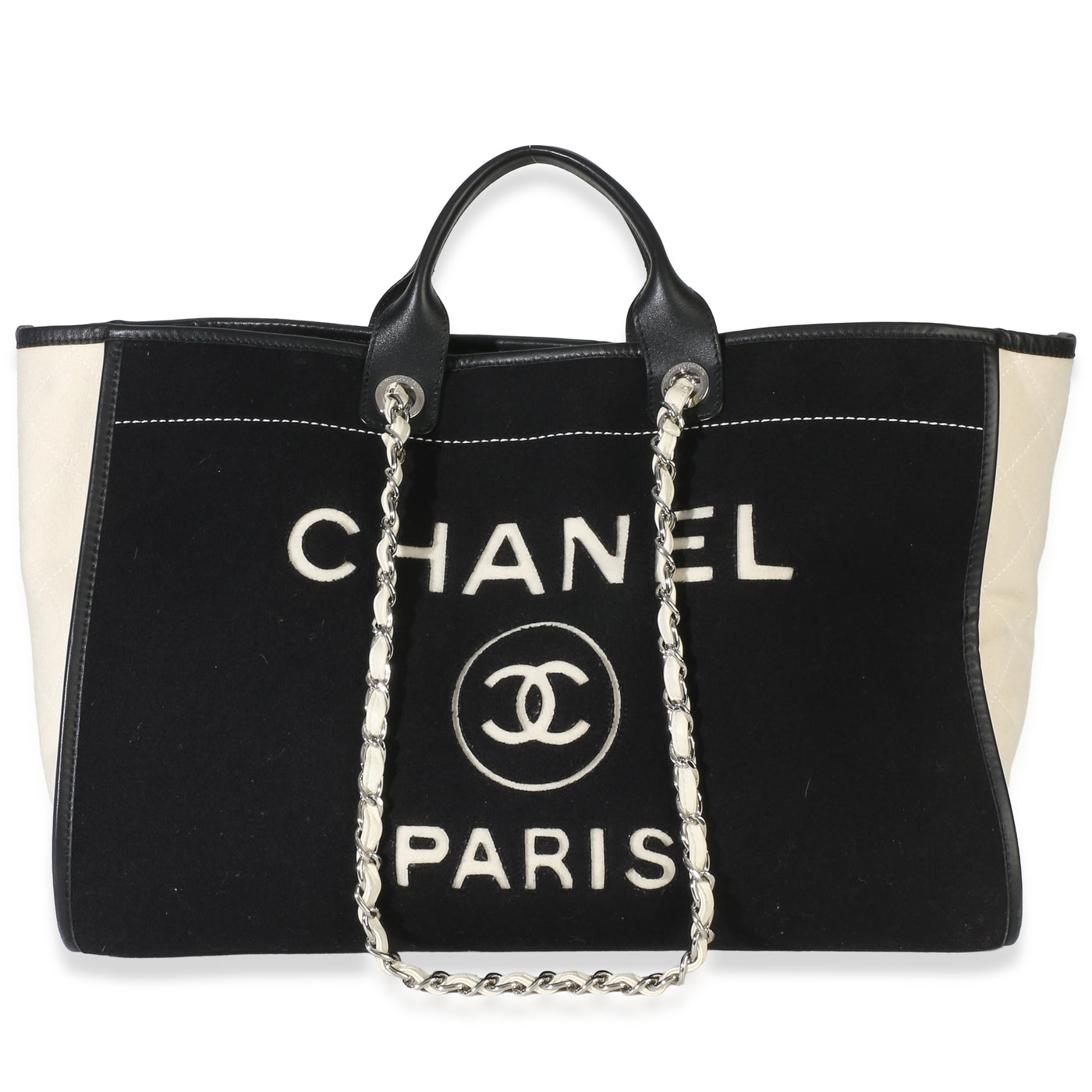 Chanel Black White Wool Calfskin Felt Large Deauville Tote Fabric Handbag