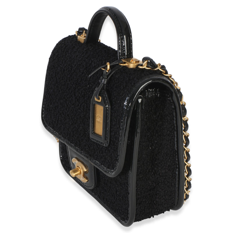 Chanel Black Tweed Patent School Memory Mini Top Handle Flap Bag Fabric Handbag