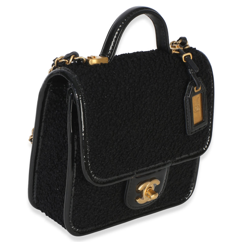 Chanel Black Tweed Patent School Memory Mini Top Handle Flap Bag Fabric Handbag