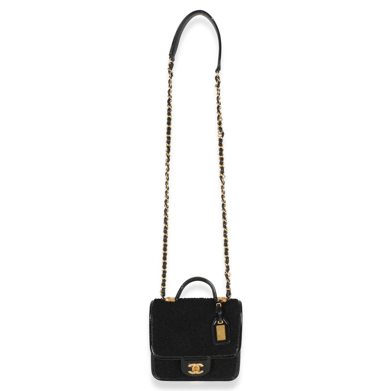 Chanel Black Tweed Patent School Memory Mini Top Handle Flap Bag Fabric Handbag