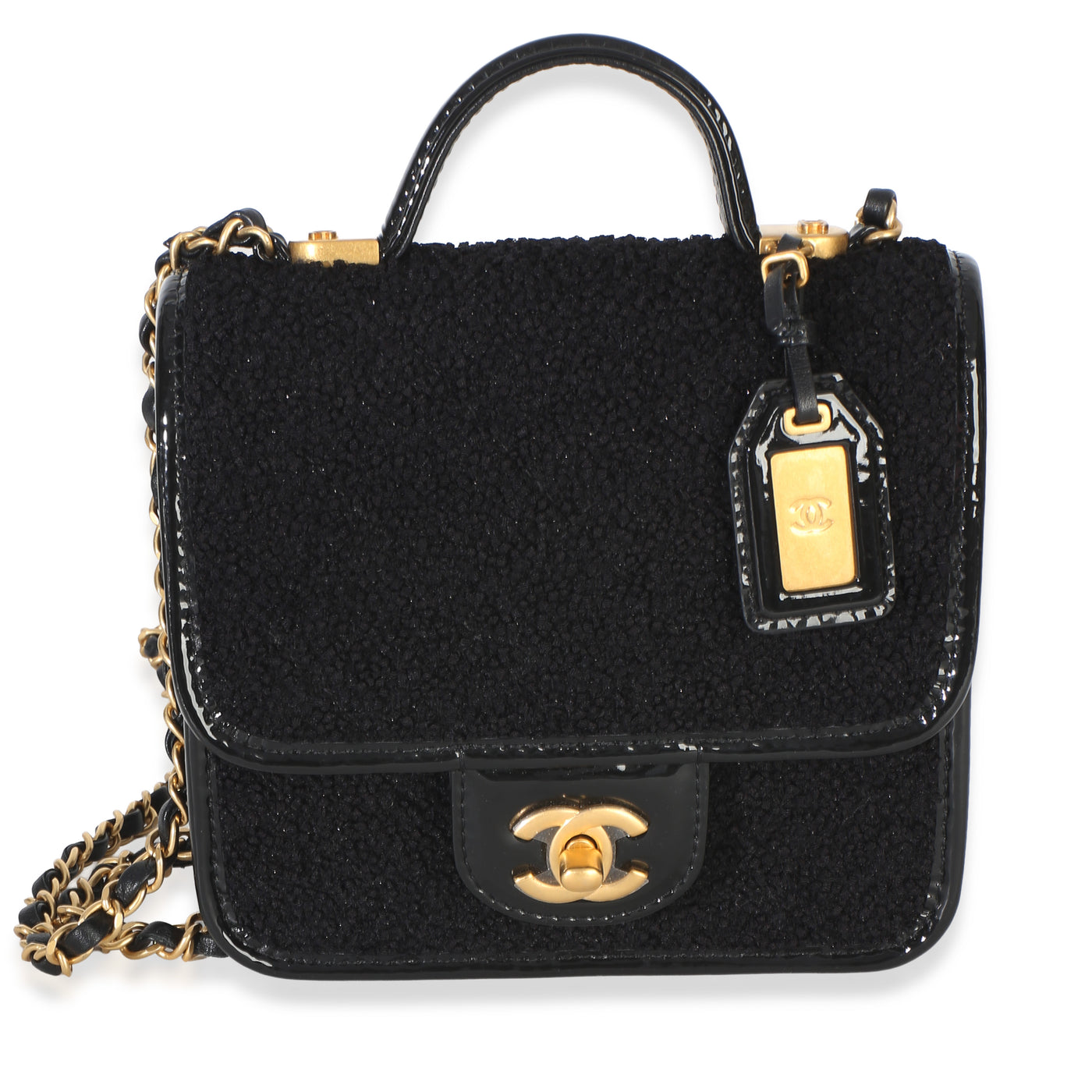 Chanel Black Tweed Patent School Memory Mini Top Handle Flap Bag Fabric Handbag