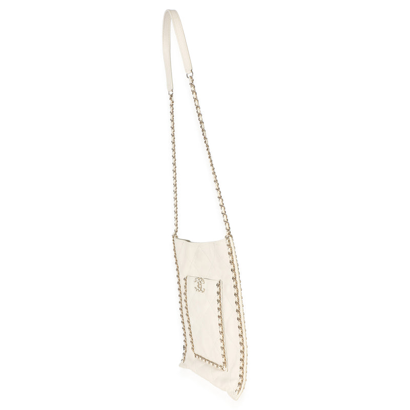 Chanel White Quilted Calfskin Small Chain Flat Tote Beige Leather Handbag