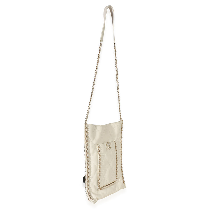Chanel White Quilted Calfskin Small Chain Flat Tote Beige Leather Handbag