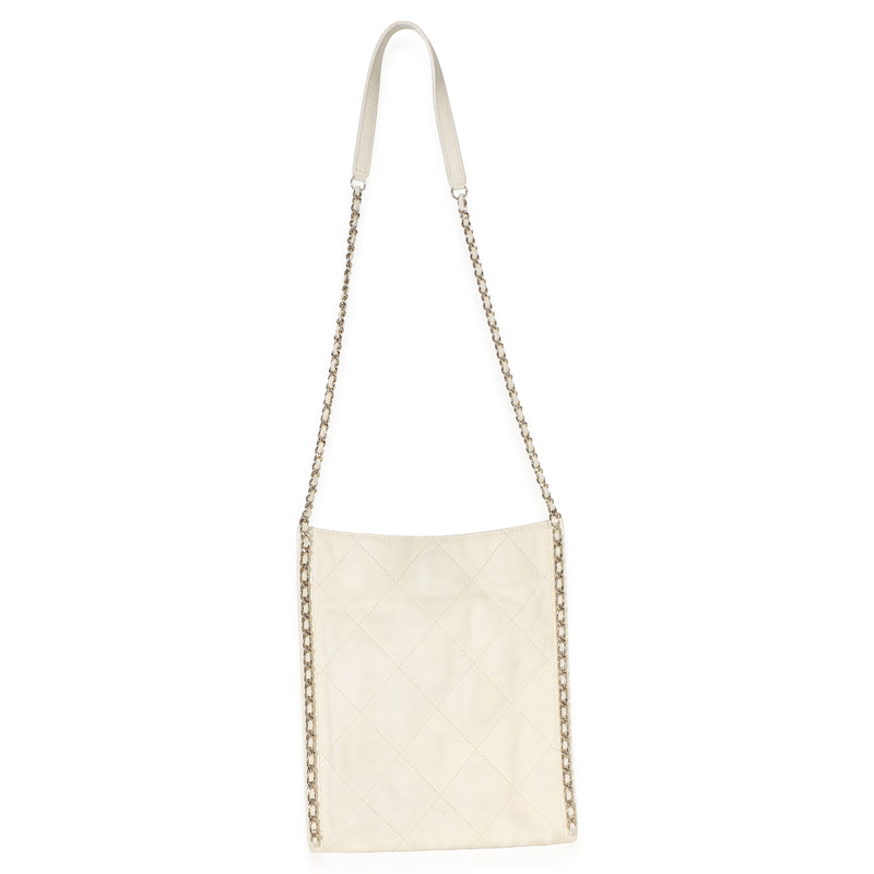 Chanel White Quilted Calfskin Small Chain Flat Tote Beige Leather Handbag