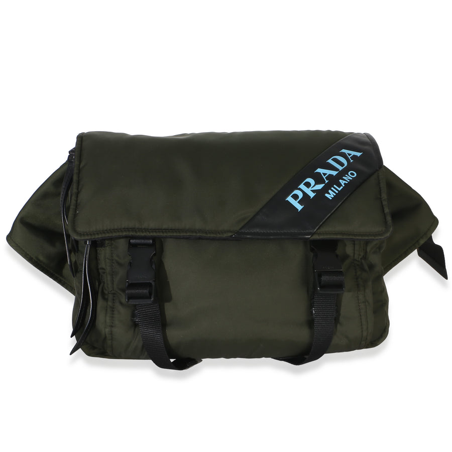 Prada Green Tessuto Logo Stripe Buckle Messenger Bag Nylon Handbag