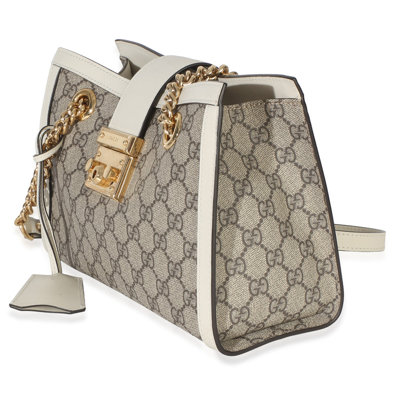 Gucci White Gg Supreme Canvas Small Padlock Tote Beige; Canvas; Leather Handbag