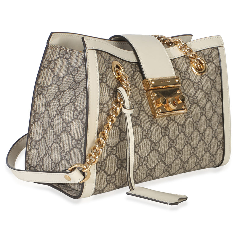 Gucci White Gg Supreme Canvas Small Padlock Tote Beige; Canvas; Leather Handbag