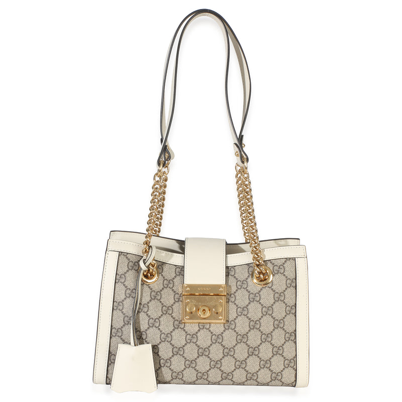 Gucci White Gg Supreme Canvas Small Padlock Tote Beige; Canvas; Leather Handbag